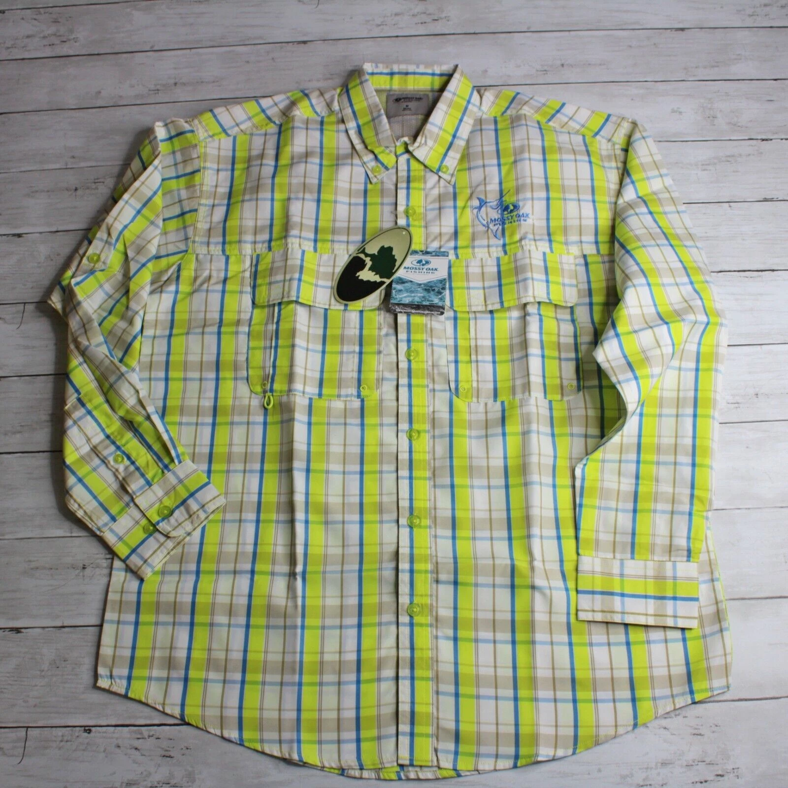 Mossy Oak Men's Plaid Fishing Shirt Size M Button Down SPF 50+ Sun UV Protection