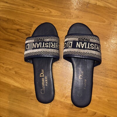 Christian Dior Women s Dway Slide Sandals Size 37 Blue Embroidered