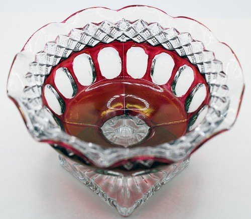 Vintage Westmoreland Cranberry Ruby Thumbprint Ruffled Glass Compote Candy Dish