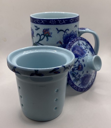 Blue Pink Floral Chinese Porcelain Loose Leaf Brewing Tea Infuser Mug 3pc - Picture 5 of 5