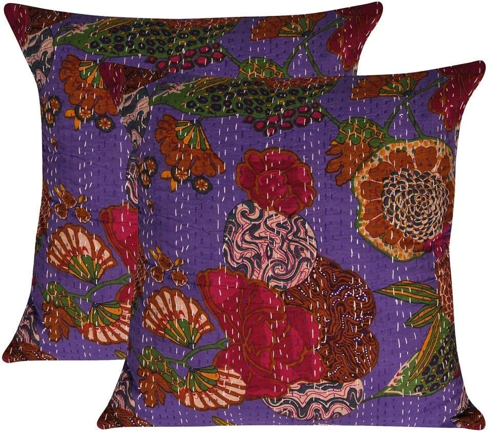 Funda de almohada de algodón con estampado de frutas Kantha vintage de 5 piezas india "16x16" Foto 3 de 4