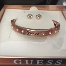 Image of New Guess Rose Gold Pave Bangle with Hearts Earrings