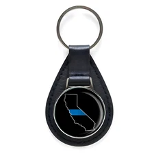 Thin Blue Line California State Black Leather Keychain Silver Keyring Military