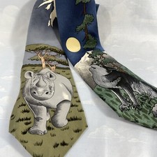 Vintage Men’s Silk Neckties WWF Wildlife Rhinoceros & Wolf Made in USA Lot of 2