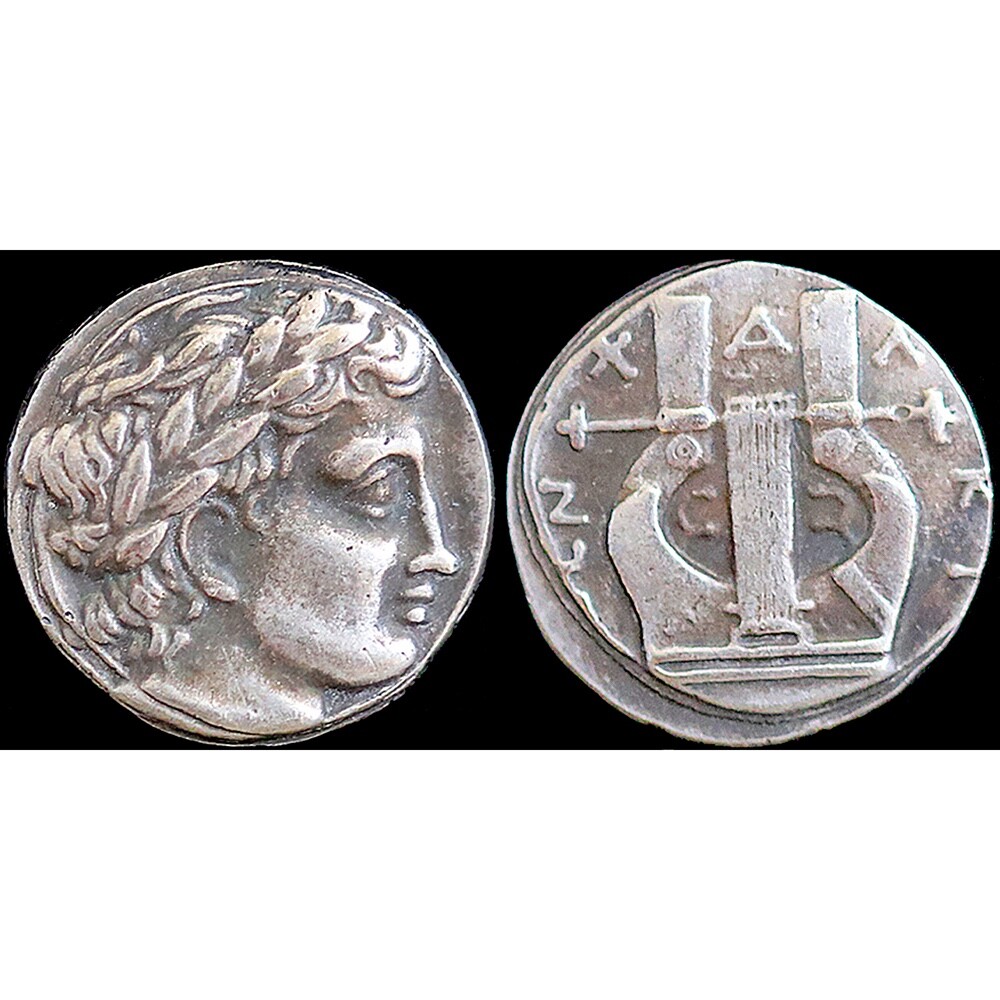 383-382 BC Ancient Greek Coin Apollo and Kithara or Guitar