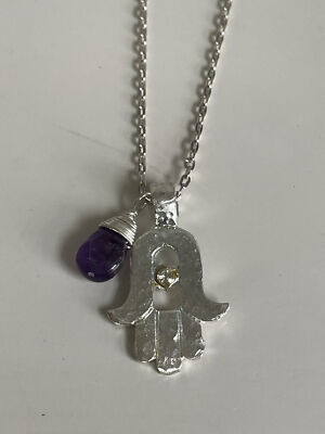Neu ohne Etikett Taolei Silber gehämmert Hamsa mit Amethyst Tropfen Halskette Glück Schutz