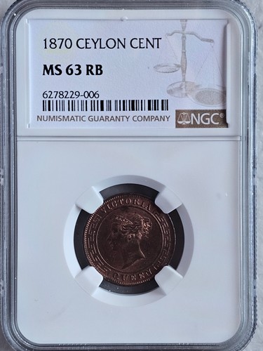 Ceylon 1 Cent 1870 NGC MS 63 RB