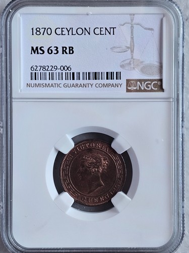 Ceylon 1 Cent 1870 NGC MS 63 RB - Foto 1 di 2