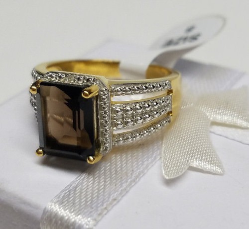 18k Gold 925 Sterling Silver Genuine Smoke Topaz Engagement Ring Size 6 NEW - Picture 5 of 6
