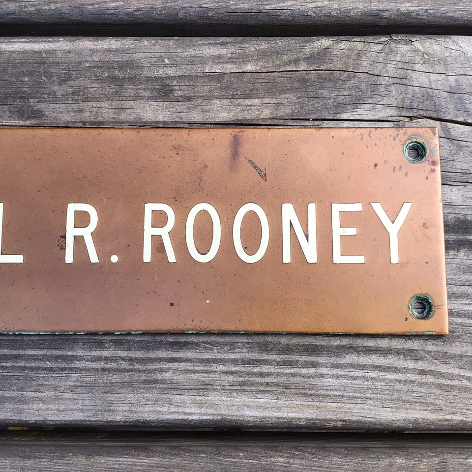 "Letrero antiguo vintage de puerta de bronce y esmalte Dr. Michael R. Rooney 12"" x 3""" Foto 3 de 4