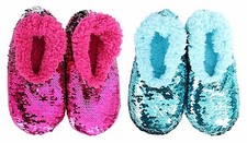 ~❤️~SLUMBIES Flip Sequin Sherpa Lined KIDS Slippers Girls Pink Blue Sparkly Gift