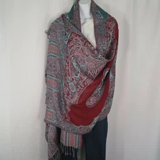 Viscose |Shawl/Wrap| Jamawar Design| Handloomed in Kashmir| Cyan & Red