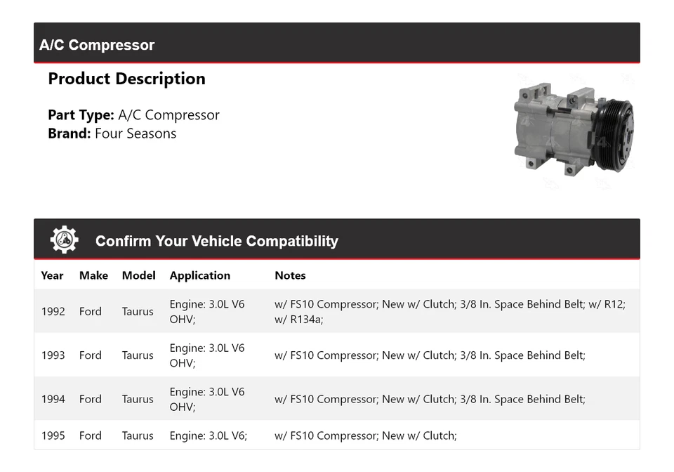 Compresor de aire acondicionado Ford Taurus 1992-1995 4 estaciones 1993 1994 Foto 2 de 4