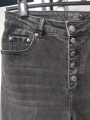 DECJUBA 12 black Grey denim button Front fly straight leg raw hem jeans STRETCH - Picture 8 of 8