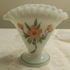 Fenton Hand Painted Fan Shaped Vase Vintage Milk Glass Cottagecore Pink Floral