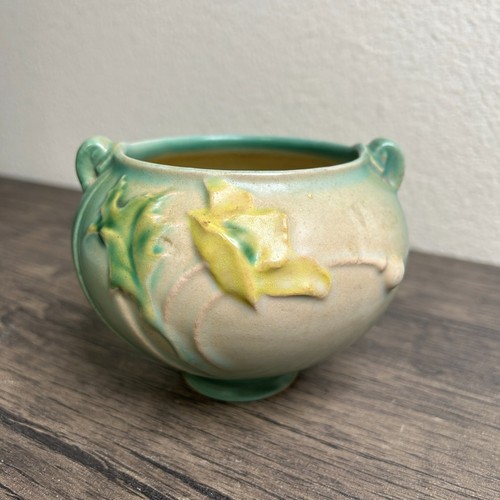ROSEVILLE POTTERY Small Green Jardiniere Yellow Flowers 642-3 Pot Bowl 3976 - Picture 4 of 19