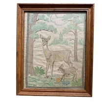 Vintage 1940's Original Handmade Needle Work Doe And Fawn Tapestry Framed 22x 29
