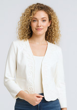 NEW CHICO'S SZ 2 ECRU COLLARLESS SOUTACHE TRIM EMBROIDERED BLAZER JACKET SZ 12