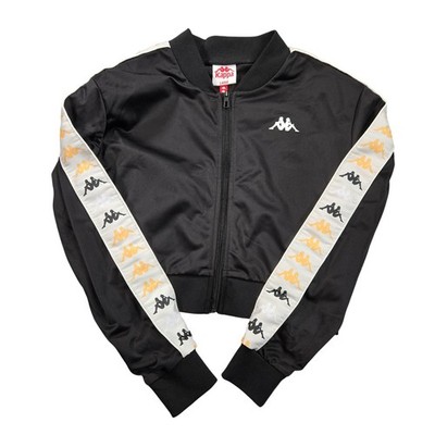 Kappa Track Jacket Womens Large Black Logo Tape Cropped Bomber Full Zip Athletic