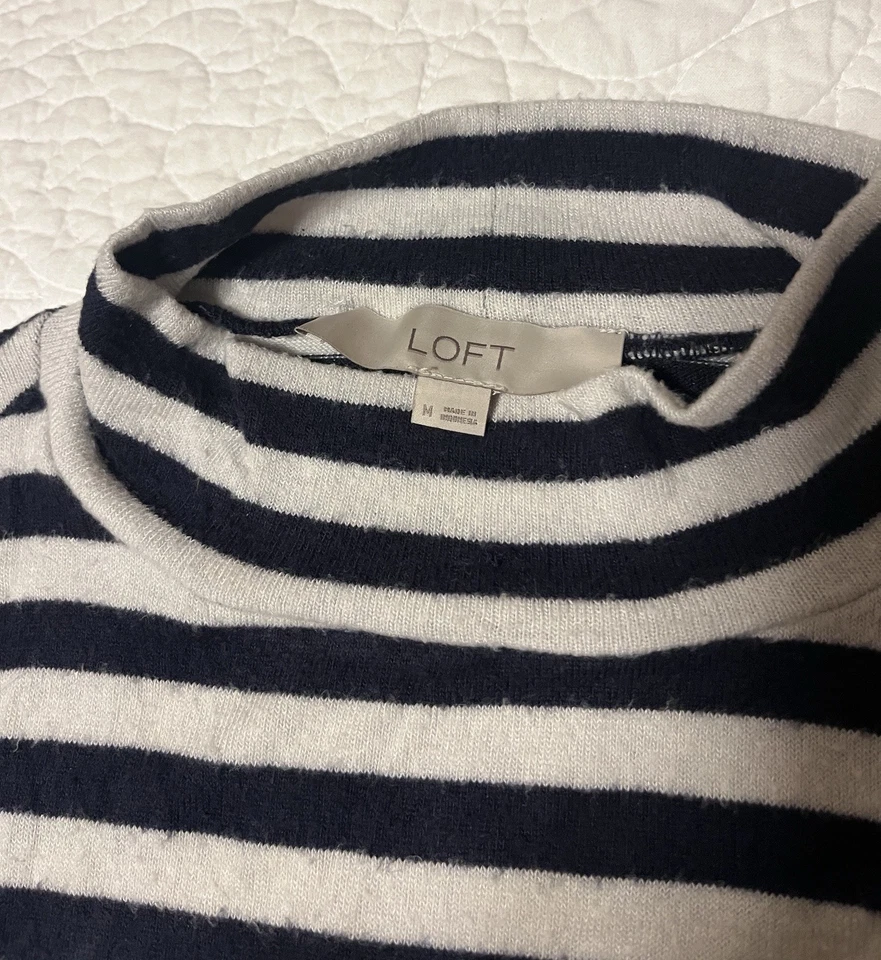 Ann Taylor Loft Cowl Turtle Mock Neck Striped Nautical Puff Sleeve Blouse M - Image 2 of 4