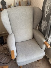 Grey Fabric Wingback Armchair w/ Wooden Armrests Brown Frame