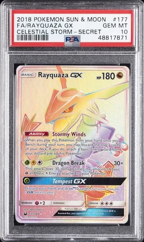 2018 POKEMON SUN & MOON CELESTIAL STORM SECRET #177 FULL ART/RAYQUAZA GX PSA 10
