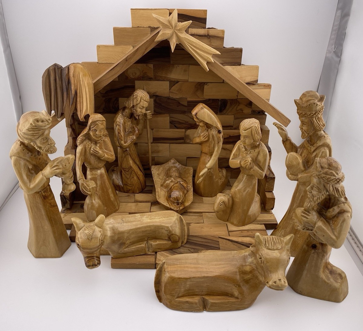 12 Pc Zacharia Bros Olive Wood Nativity Crèche Hand Carved