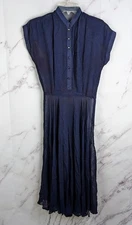 1930s Navy Burnout Day Dress Sheer Side Zip FAIR Conditition Midi Length Vintage