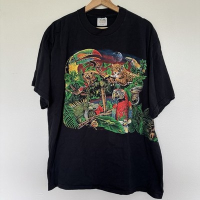 Vintage 90s Tropical Rainforest Animal Nature Wildlife T-Shirt Mens XL Black Tee