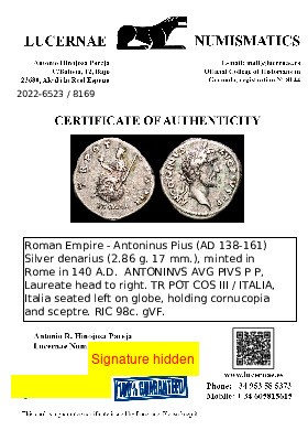 *Lucernae* Antonino Pio. Denario, plata. Roma 140 dC. TR POT COS III / ITALIA - Bild 3 von 3