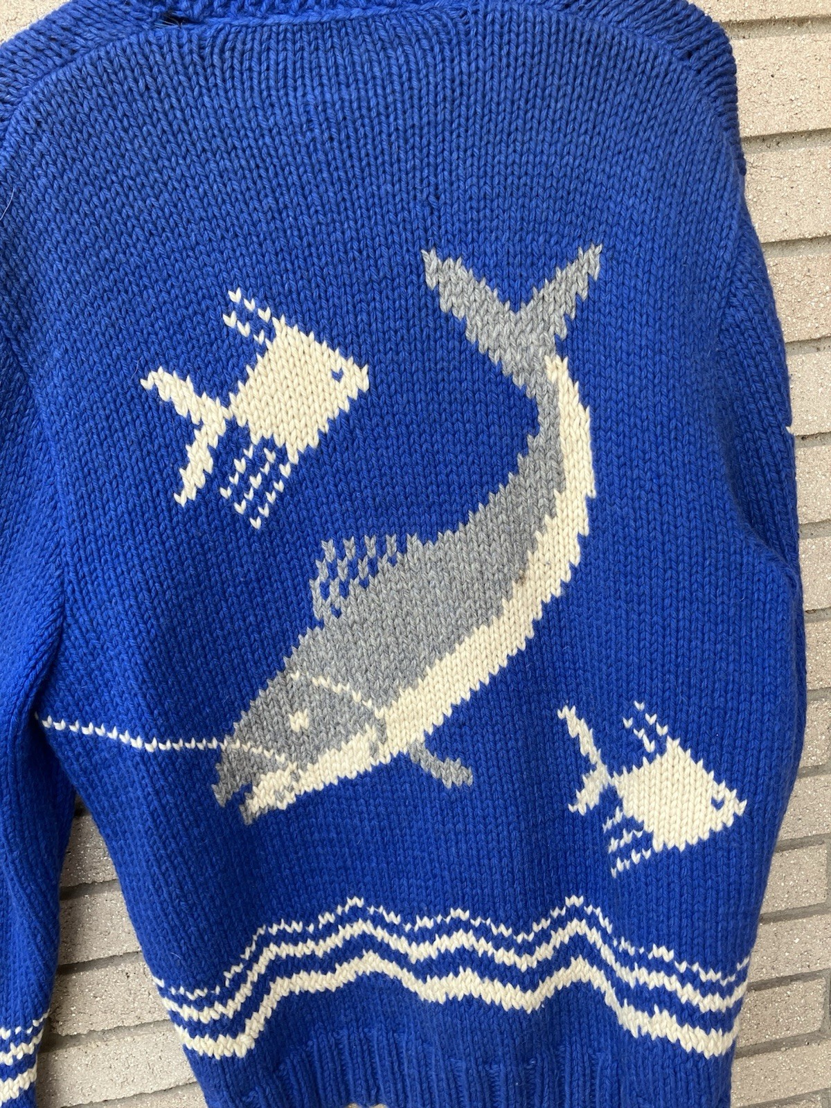 Vintage 1950s/60s Cowichan Zip Front Fish Sweater Blue- Size Large Mary Maxim