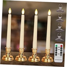 Flameless Taper Candles Flickering with Remote Timer, 4PCS Ivory+gold base(3D)