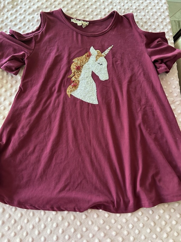 Girls maroon colored cold shoulder top by Btween size 14 unicorn