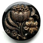 Antique Victorian Black Glass Button w/ Pretty Gold Luster Floral 7/8”