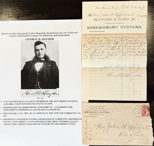 NJ ASSEMBLY POLITICIAN SHREWSBURY OYSTER MONMOUTH NJ SNYDER DOCUMENT SIGNED 1897