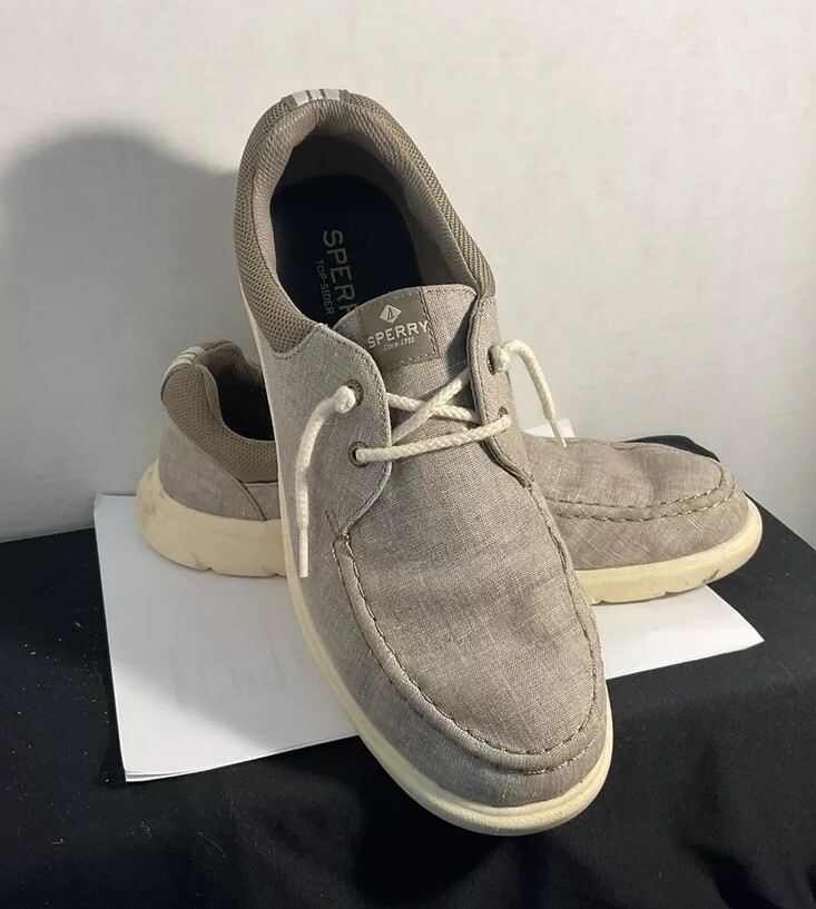 Men’s Sperry Linen Lace-Up Boat Shoe in Beige Size 11