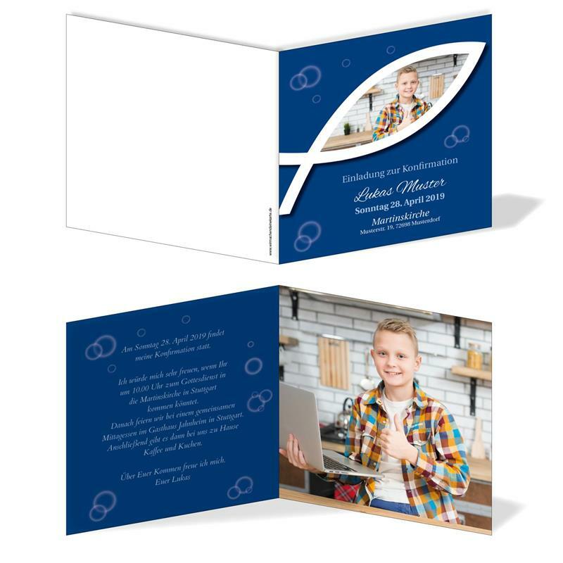 Einladung Einladungskarte Konfirmation Fisch Bild Blau