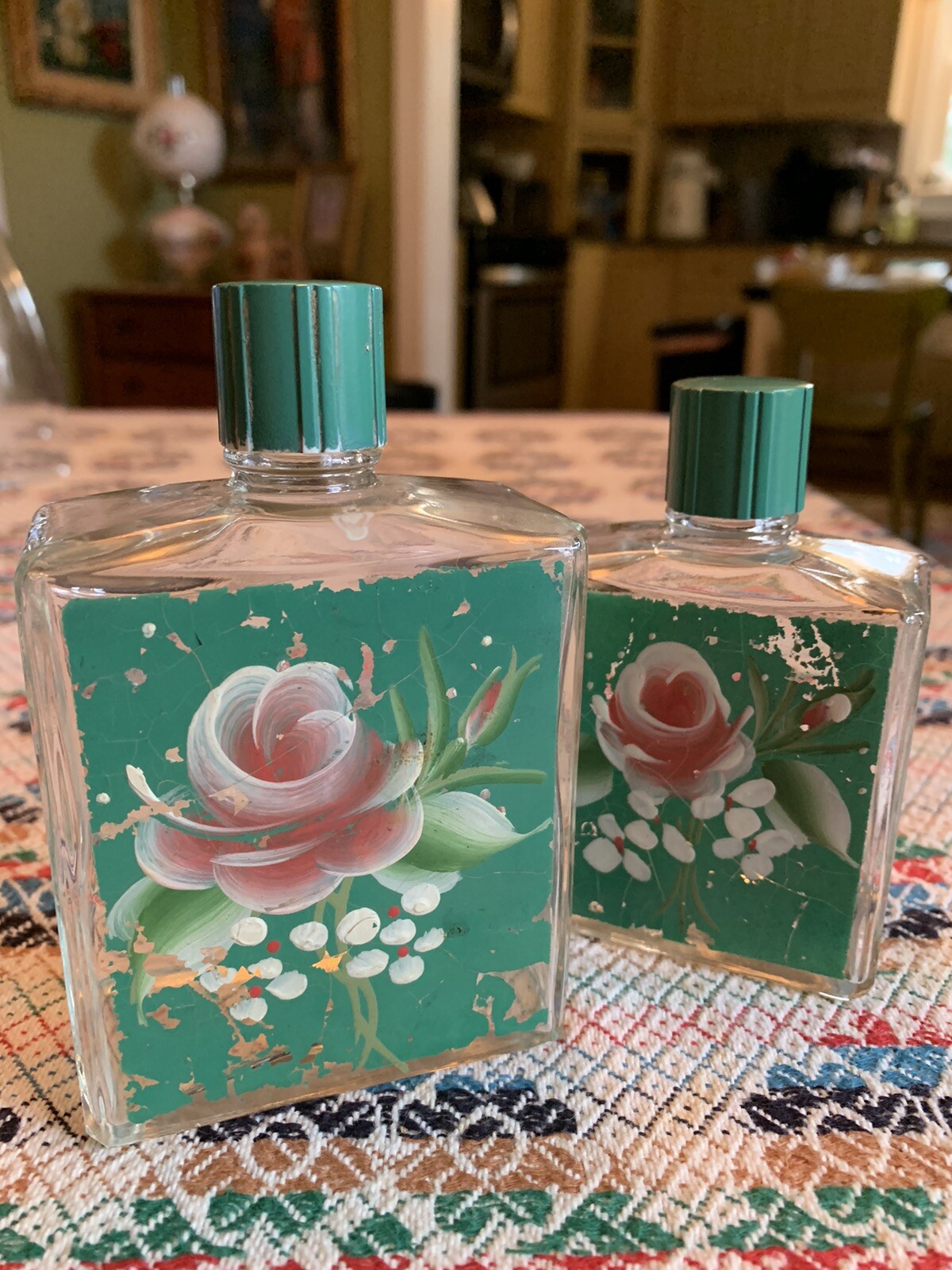 2 VINTAGE Perfume Bottle Hand Painted Glass RANSBURG Cologne