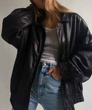 Women 90's Oversized Black Bomber Real Leather Jacket | Women Biker Black Jacket