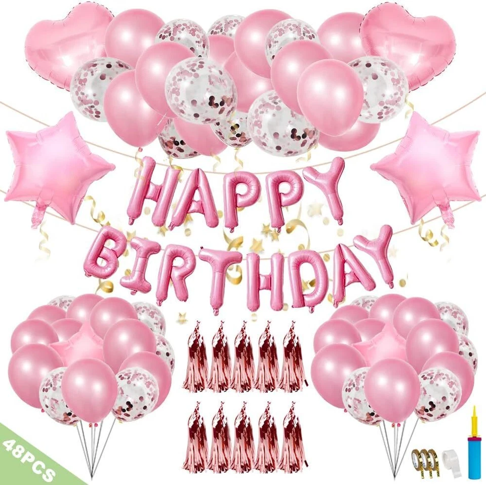 48Pcs Happy Birthday Balloons Banner Set Pink Foil Decorations Party Supplies - Image 2 of 4
