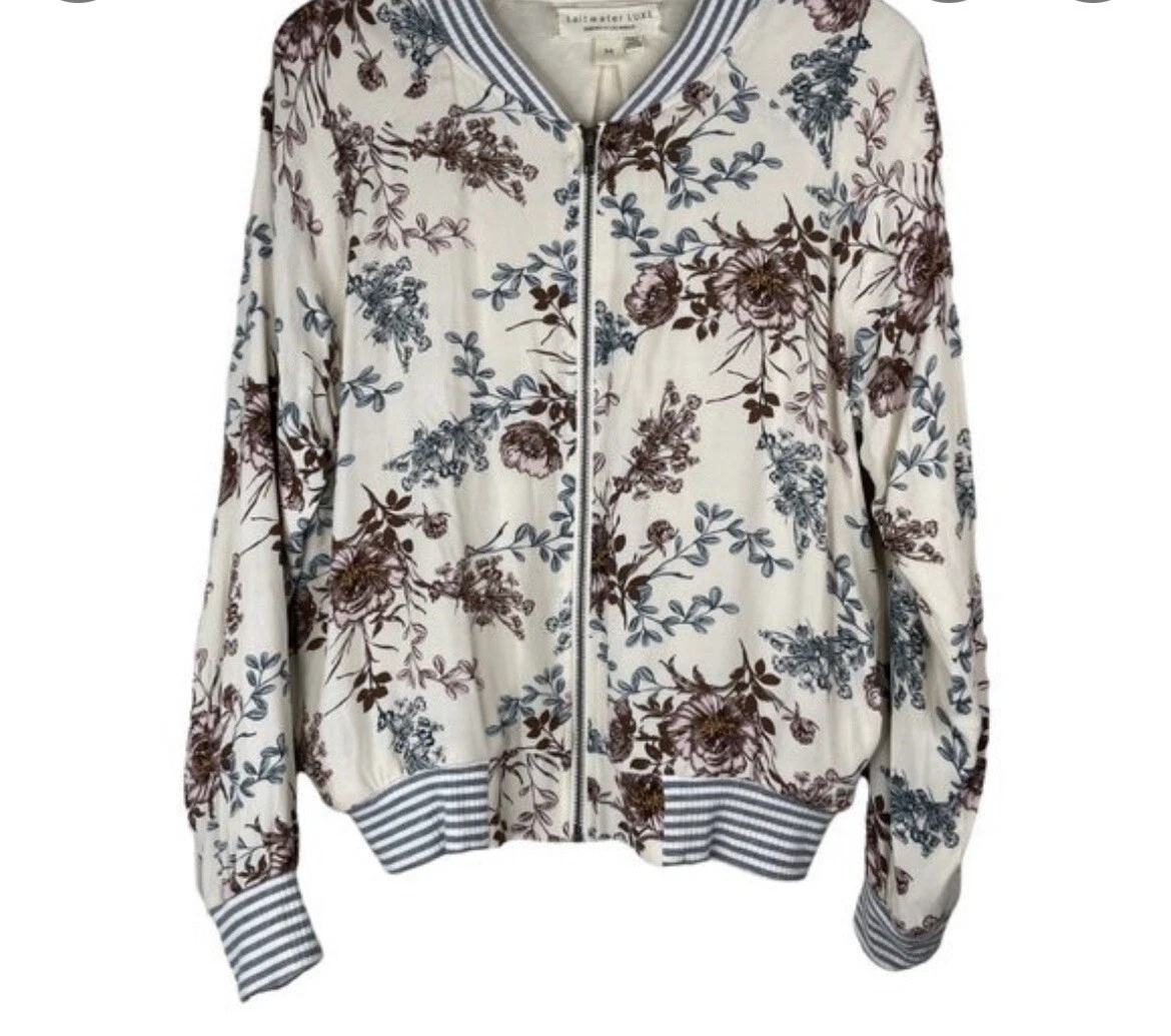 Saltwater Luxe Floral Bomber Jacket Full Zip Long Sleeve Cream Women's M |  eBay