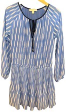 Michael Kors Dress Size M Blue White and Navy Dress Smocked Waist Sheer Sleeves