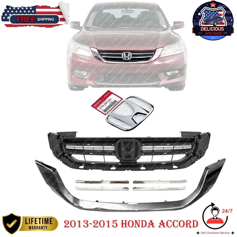 CAPA For 2013-2015 Honda Accord Front Bumper Upper Chrome Grille & Emblem 7PC Foto 2 de 4