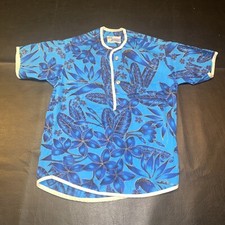 Vintage 60s Boys Hawaiian Shirt Cotton Blue Floral Print Size 8 Sears
