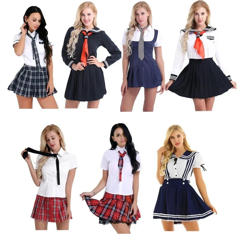 2PCS Women School Girls Uniform Students Costume Shirts+Skirt Outfit Cute  Dress