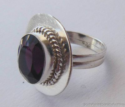NACHLASS SCHMUCK QUALITÄT TIEF LILA OVALER STEIN .925 STERLINGSILBER RINGGRÖSSE 7