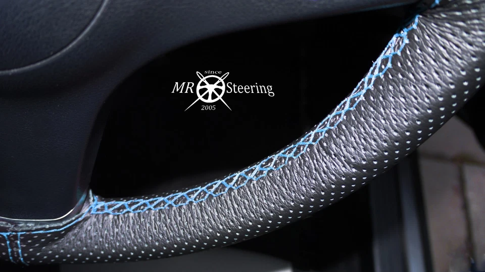 PARA MAZDA MPV 99+ CUBIERTA VOLANTE CUERO PERFORADO AZUL CLARO DOBLE PUNTADA Foto 3 de 4