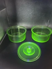 Hazel Atlas Uranium Glass  Refrigerator Stacking Dish Set With Lid **Read**