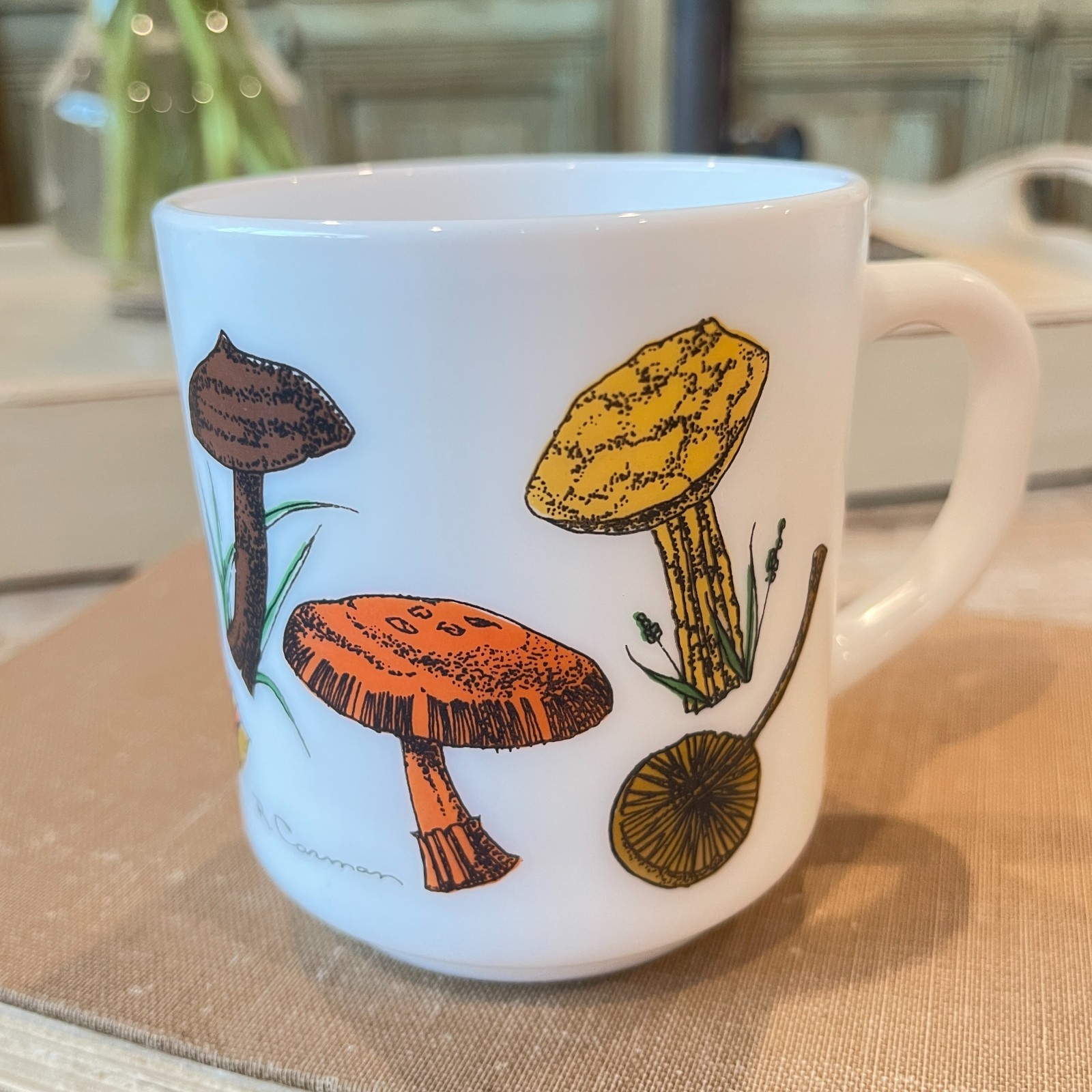 Vintage R Carman White Milk Glass Coffee Mug Mushroom Printed Signed France