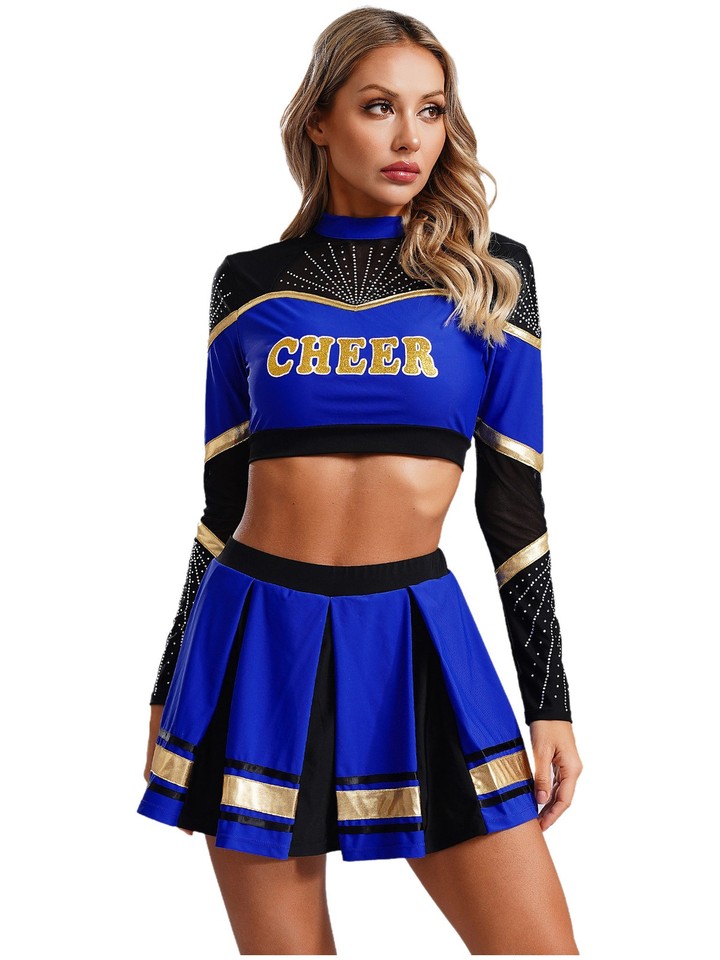 Ladies Cheerleader Costume Long Sleeve Crop Top With Skirt Outfit Cheer ...